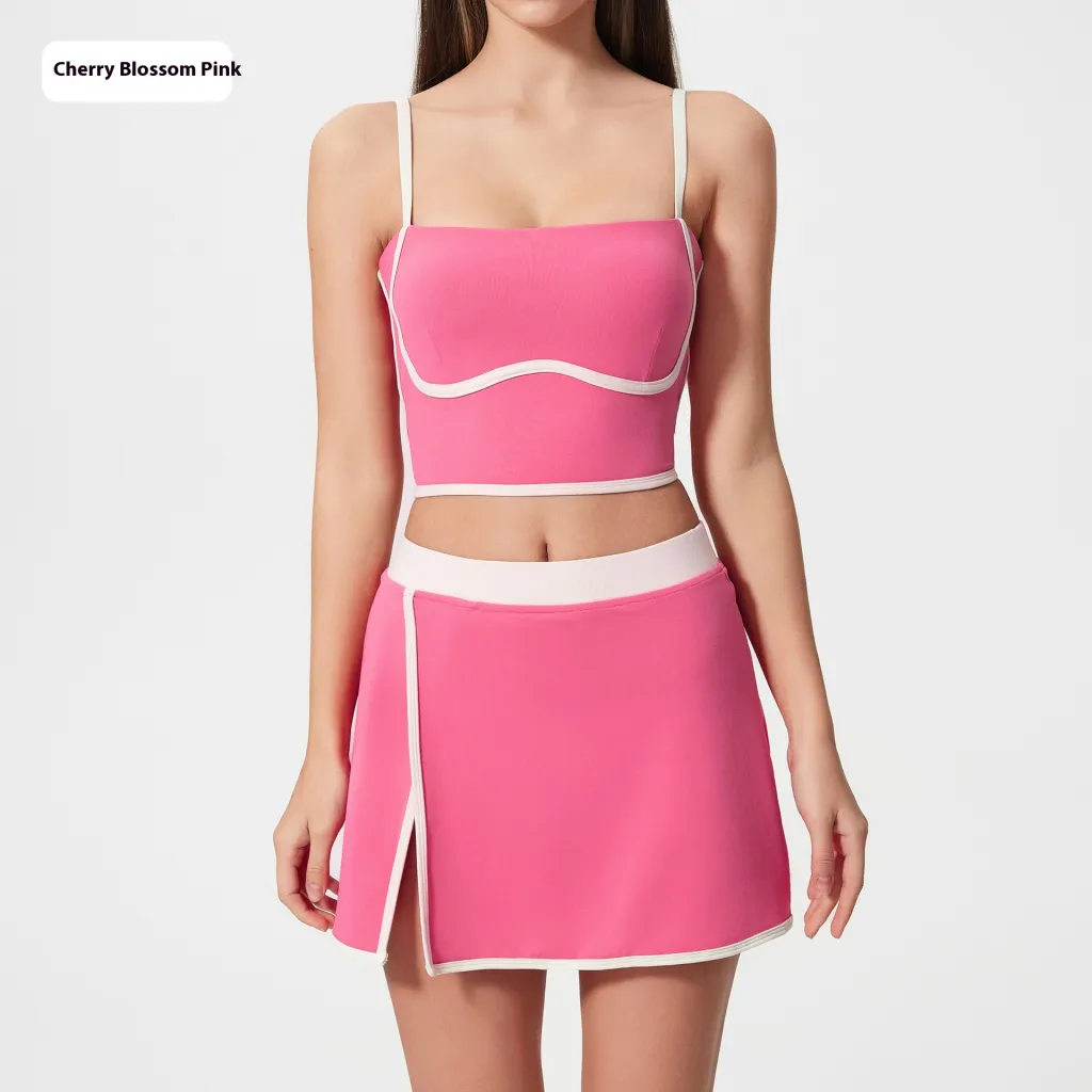 Contrast Color Fast-drying Sports Vest Women's Fitness Shockproof Fixing Cup Summer High Elastic Yoga Clothes Outfit Top - Cherry Blossom Pink Suit