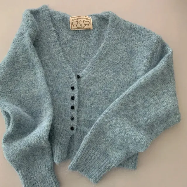 Retro V neck Mixed Cashmere Long sleeved Knitted Sweater Coat Blue - Shop at LoveMi