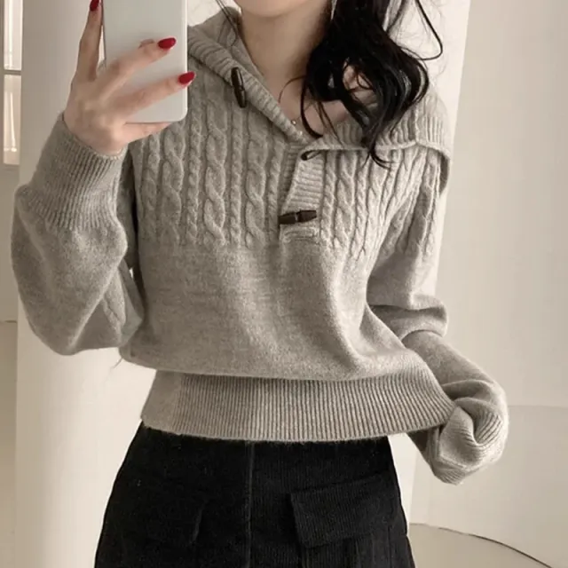 Hemp Pattern Horn Button Long sleeved Knitted Sweater Gray - Shop at LoveMi