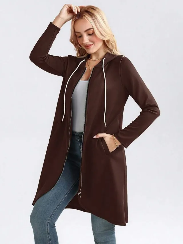 Personality Street Zip Hooded Long Velvet Lining Sweatshirt Brown - Shop at LoveMi