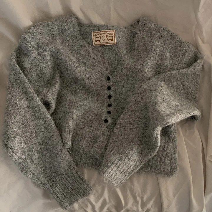 Retro V neck Mixed Cashmere Long sleeved Knitted Sweater Coat Gray - Shop at LoveMi