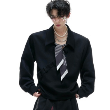 $59.11 V-neck Patchwork Polo Shirt Loose High-end Long-sleeved Sweater