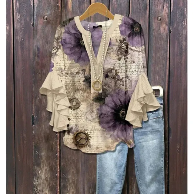 Women's Creative Printing Casual V neck Lotus Sleeve T shirt Hbtxsx4773 - Shop at LoveMi