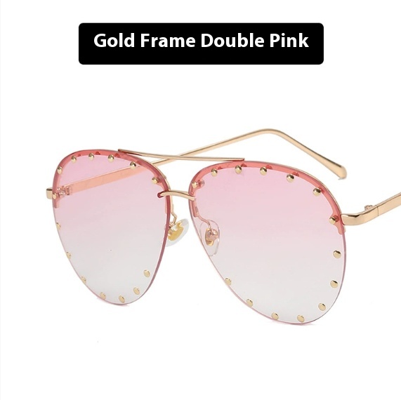 Women's Metal Rivet Large Frame Fashionable Sunglasses Gold Frame Double Pink - Shop at LoveMi