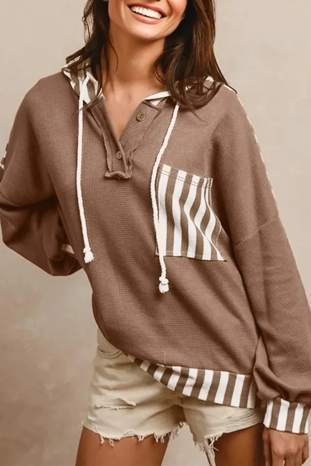 Straw Yellow Waffle Texture Striped Patchwork Button Neck Drawstring Hoodie Straw Yellow - Shop at LoveMi