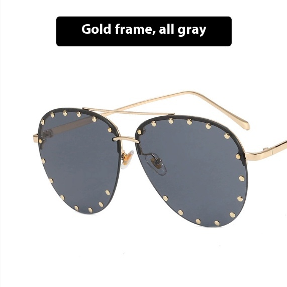 Women's Metal Rivet Large Frame Fashionable Sunglasses Gold Frame Full Gray - Shop at LoveMi