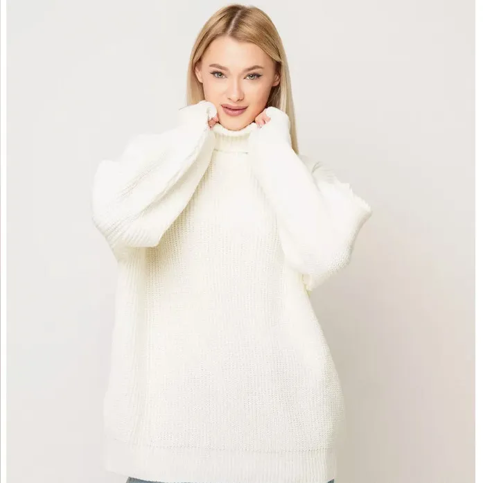 Women's Solid Color Casual High Neck Pullover Sweater - White
