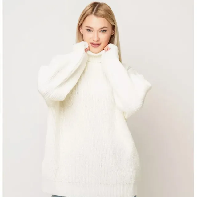 Women's Solid Color Casual High Neck Pullover Sweater White - Shop at LoveMi
