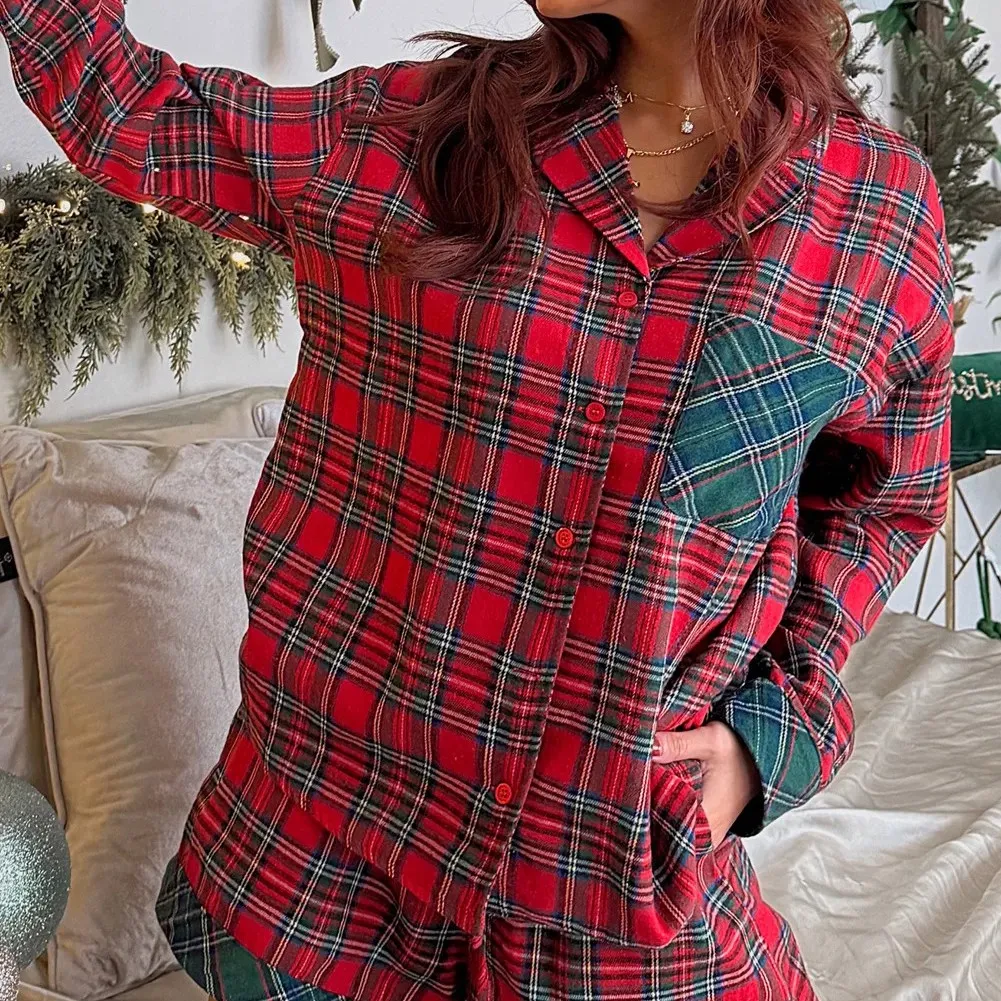 Red Plaid Contrast Patched Christmas Holiday Long Sleeve Shirt And Short Pajama Set - Red