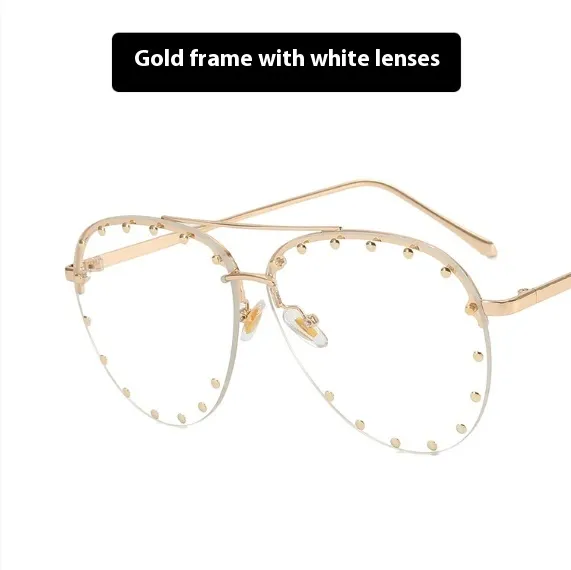 Women's Metal Rivet Large Frame Fashionable Sunglasses Gold Frame Transparent Lens - Shop at LoveMi