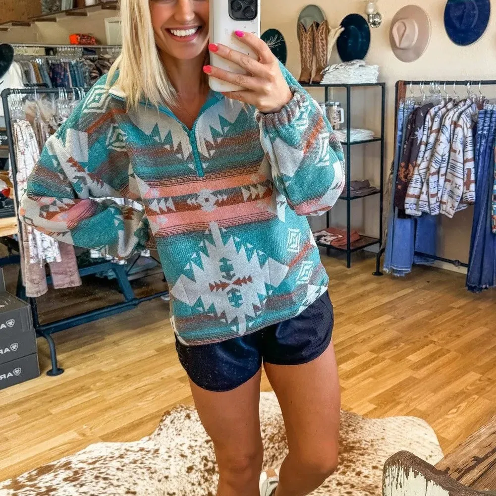 Green Quarter Zip Elastic Cuffs Aztec Sweatshirt - Green