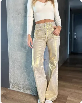 Bronzing Design Straight Jeans Spring And Summer Gold - Shop at LoveMi