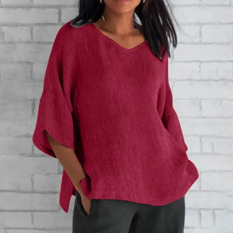 Loose V-Neck Elegant Solid Color Mid Sleeve Linen T-Shirt - Wine Red