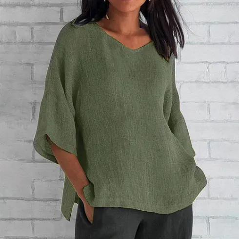 Loose V Neck Elegant Solid Color Mid Sleeve Linen T Shirt Army Green - Shop at LoveMi