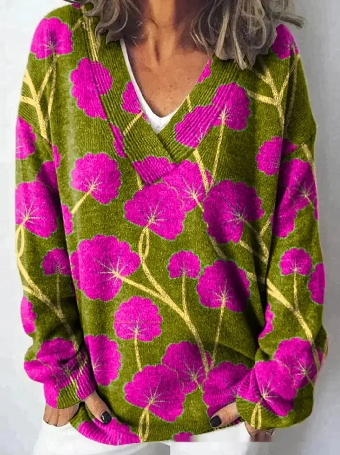 Floral Pattern Printed V-neck Long Sleeve Casual Sweatshirt - 5 Models E073