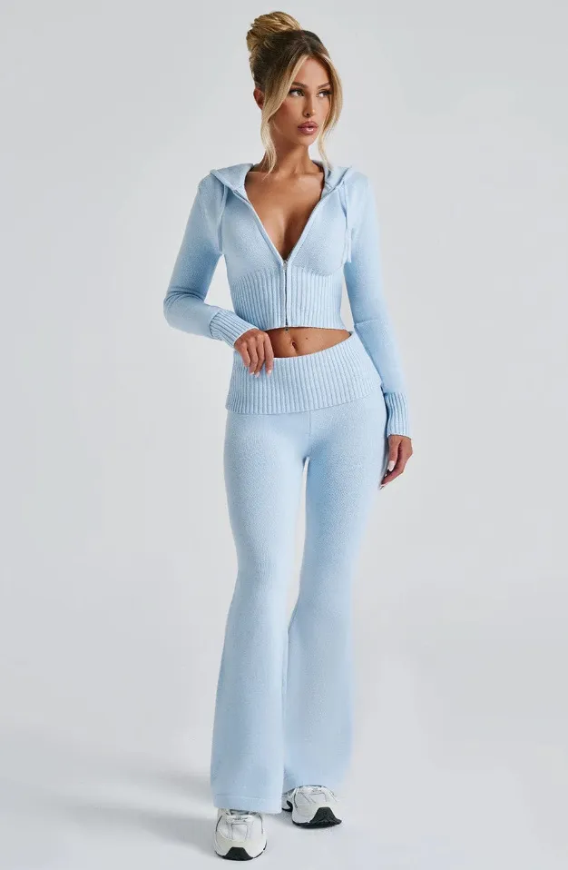 Women's Solid Color Slim Fit Short Hood Top Casual Pants Suit Blue - Shop at LoveMi