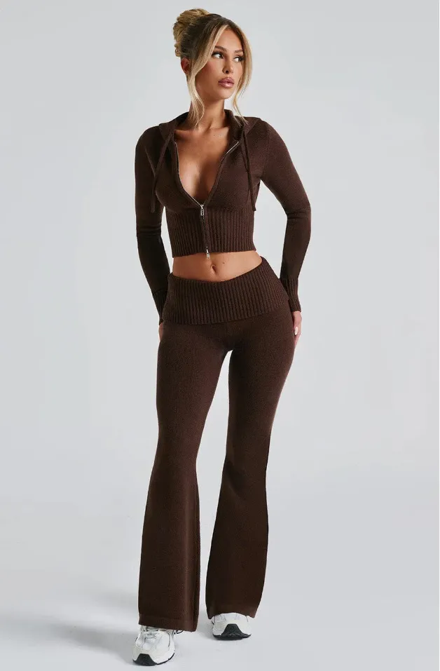 Women's Solid Color Slim Fit Short Hood Top Casual Pants Suit Brown - Shop at LoveMi