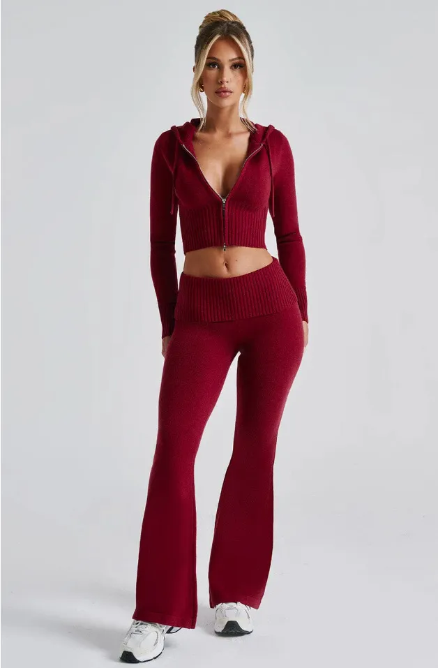Women's Solid Color Slim Fit Short Hood Top Casual Pants Suit Red - Shop at LoveMi