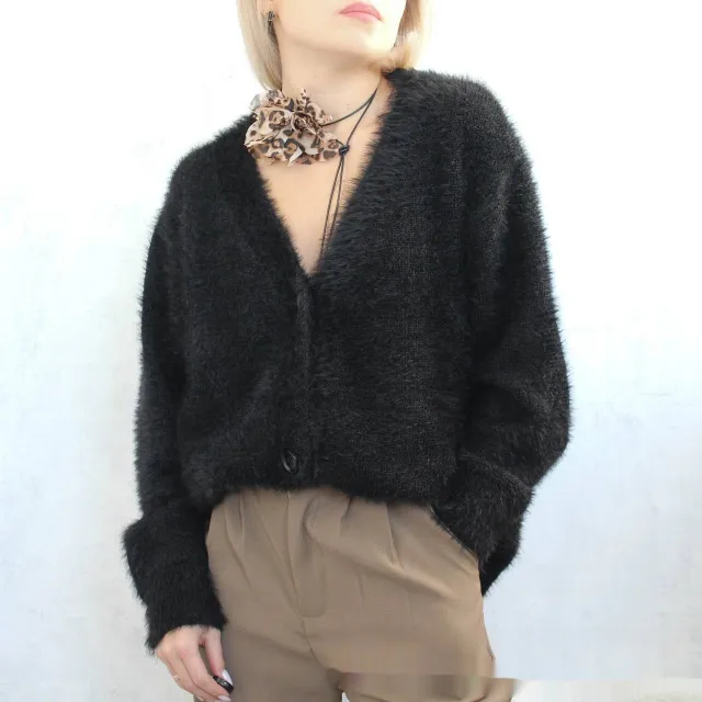 Loose V neck Mink like Top Soft And Thickened Black - Shop at LoveMi