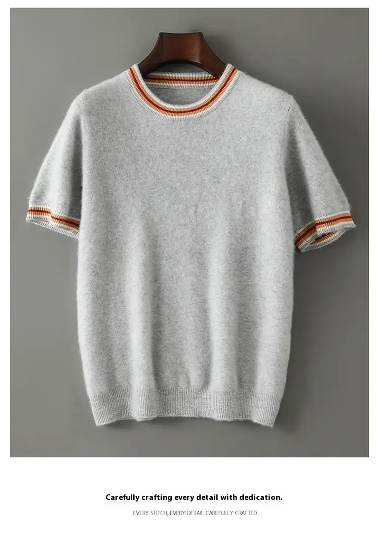 Round Neck Pure Wool Sweater Men's Short Sleeve Early