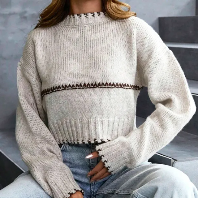 Short Stitching Sweater Loose Casual American Casual Fashion Women Light Gray - Shop at LoveMi