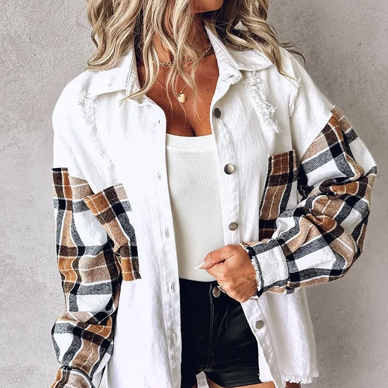 Women's Long-sleeved Plaid Contrast Color Coat - Wmhl1043-Xl