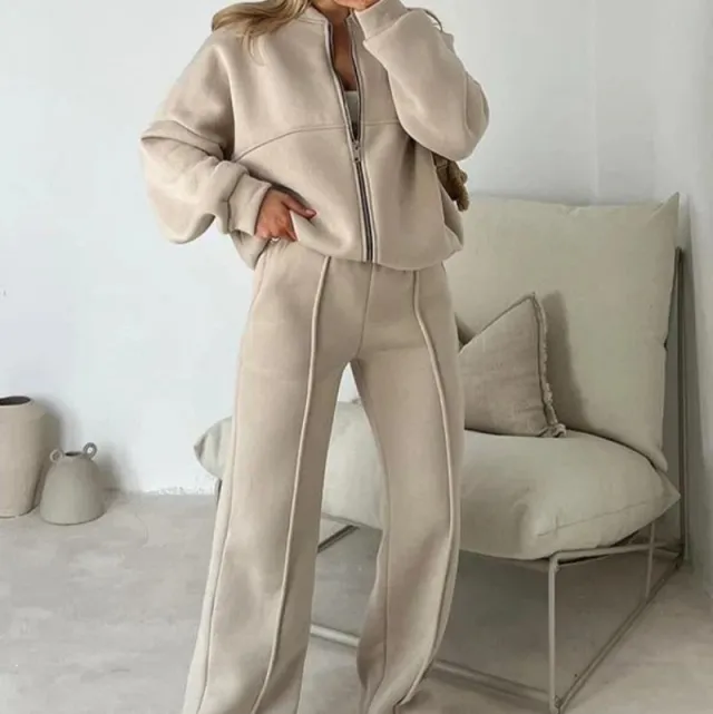 Fashion Casual Solid Color Long sleeved Sweater Zipper Trousers Two piece Set Apricot - Shop at LoveMi