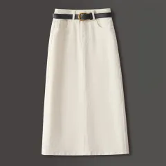Brown A- Line Straight Skirt Retro Slit Hip Skirt - Apricot - View 1