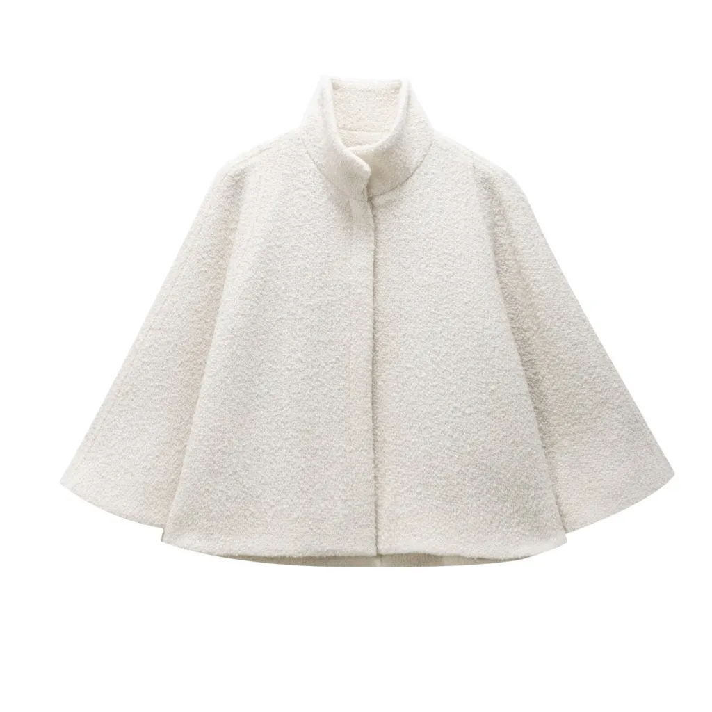 French Design Blended Stand Collar Cape Coat - Milky White