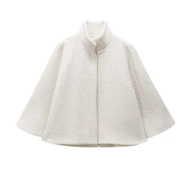 French Design Blended Stand Collar Cape Coat Milky White - Shop at LoveMi
