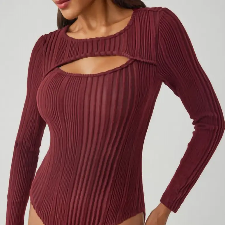 Sunken Stripe Hollow-out Slim-fit One-piece T-shirt Round Neck Long Sleeve Top