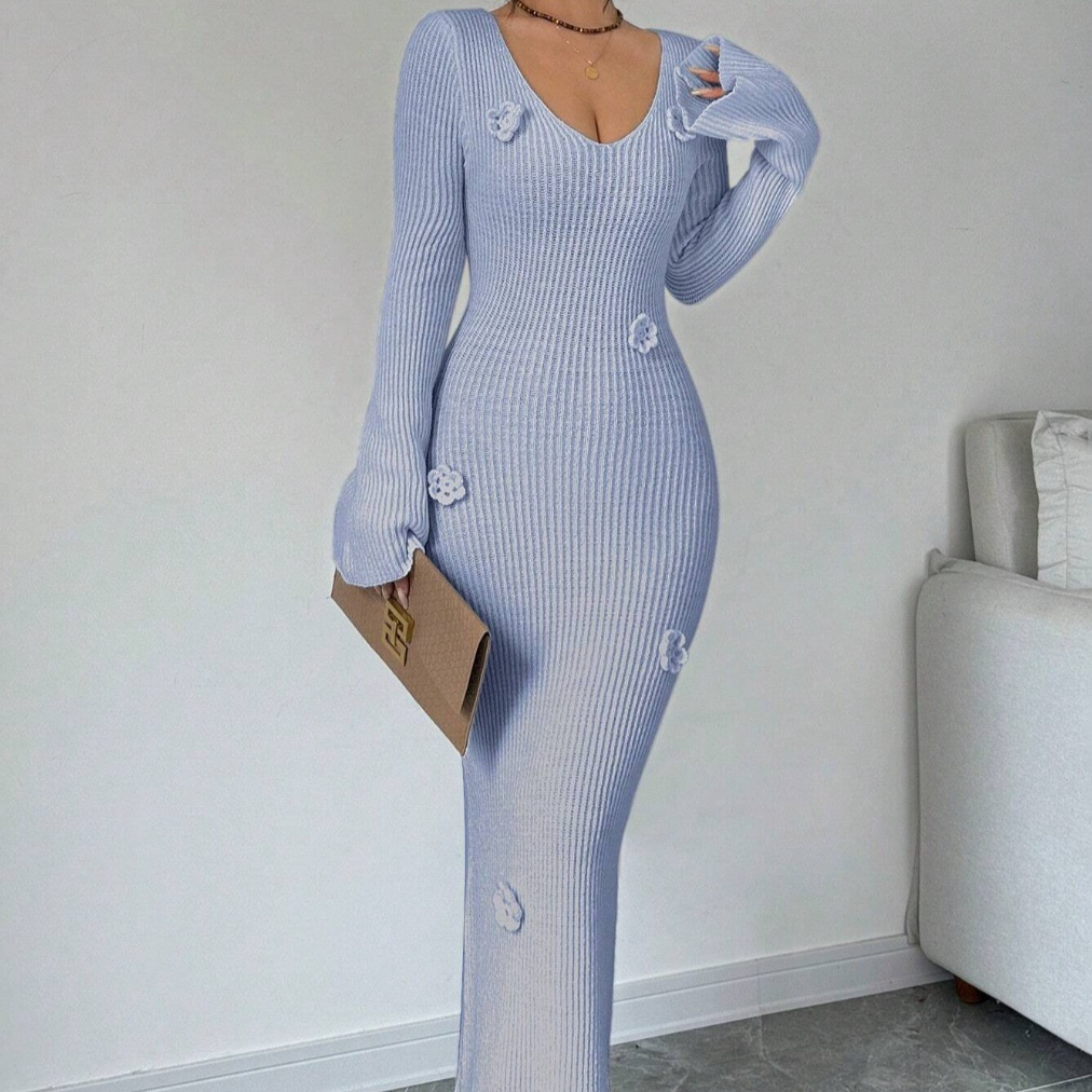 V-neck Waist Trimming Knitted Dress Women's Slimming Sheath