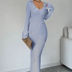 V-neck Waist Trimming Knitted Dress Women's Slimming Sheath - Sky Blue - View 1