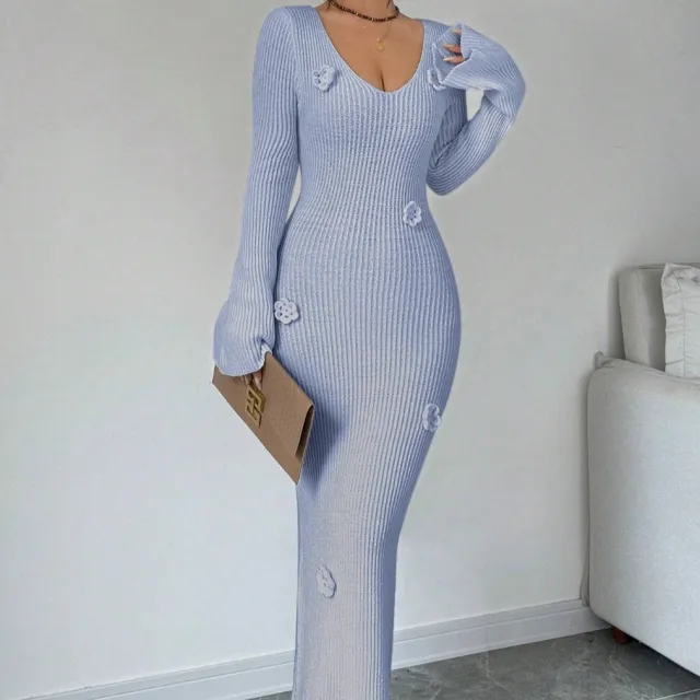 V neck Waist Trimming Knitted Dress Women's Slimming Sheath Sky Blue - Shop at LoveMi
