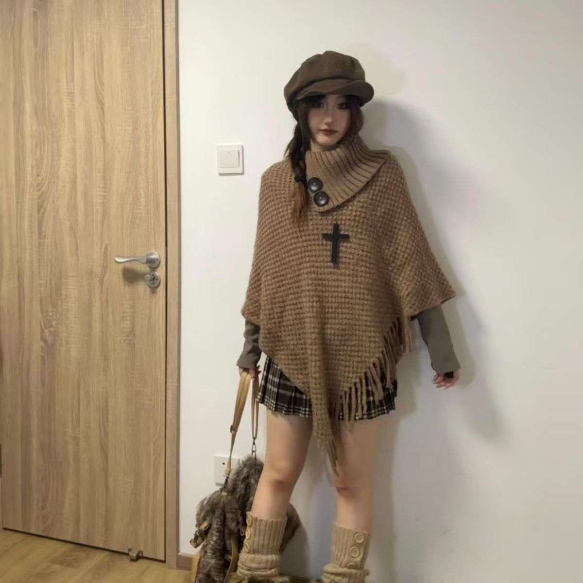 Women's Casual Plush Design Sweater Shawl Cape - Image 6