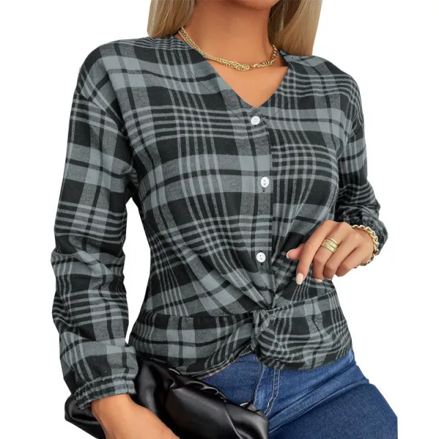 Women's Creative Plaid Casual Loose Shirt Gray - Shop at LoveMi