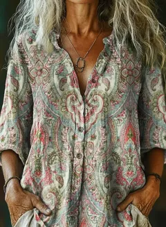 Women's Vintage Ethnic Floral Art Print Linen And Cotton V-neck Casual Shirt - Leisure - View 1