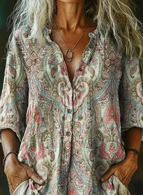 Women's Vintage Ethnic Floral Art Print Linen And Cotton V neck Casual Shirt Leisure - Shop at LoveMi