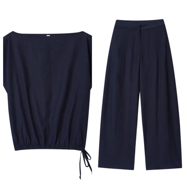 Foreign Trade Off neck Flounced Sleeve Linen Shirt Top Wide Leg Trousers Suit L - Shop at LoveMi