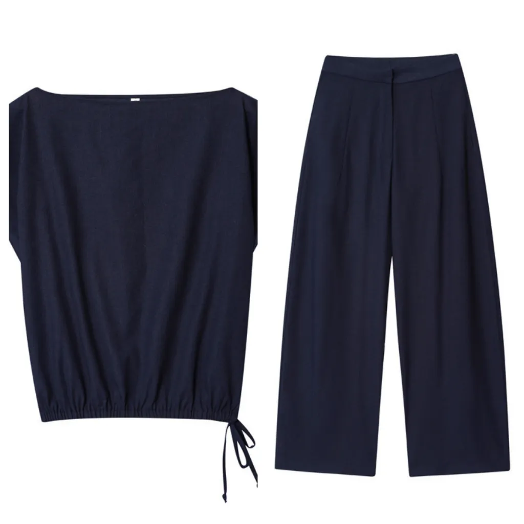 Foreign Trade Off-neck Flounced Sleeve Linen Shirt Top Wide Leg Trousers - Suit-L