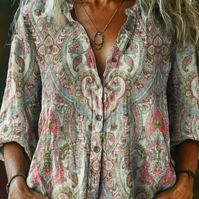 Women's Vintage Ethnic Floral Art Print Linen And Cotton V-neck Casual Shirt