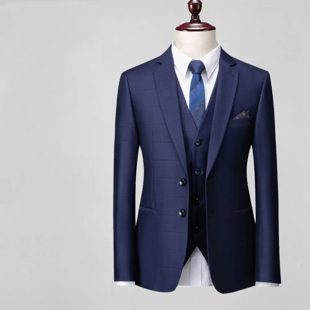 Men's Business Casual Plaid Slim Fit Suit Three-piece