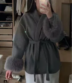 Fashion Plus Size French Elegant Woolen Overcoat - Dark Grey - View 1