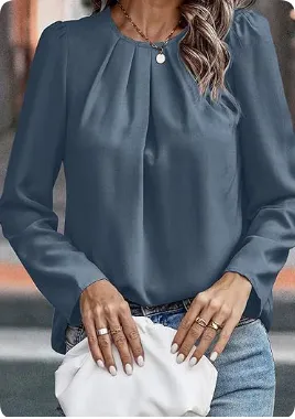Round Neck Pleated Casual Outing Commuter Long Sleeve Round Neck Shirt Navy - Shop at LoveMi