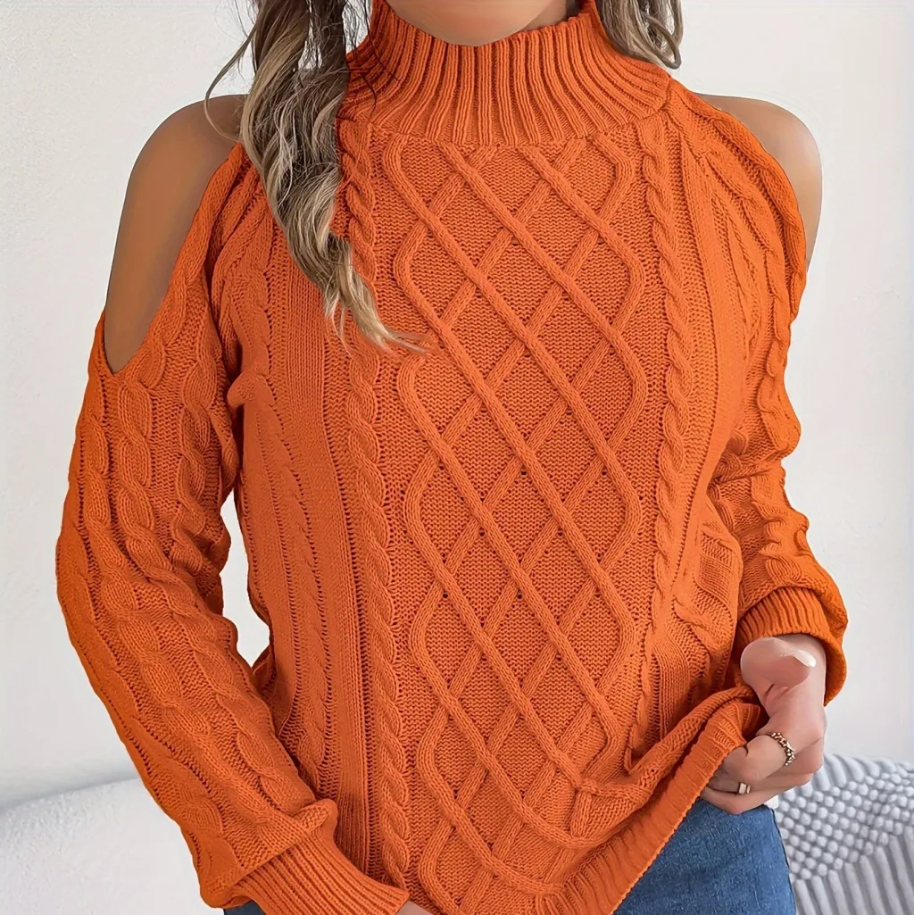Casual Twist Strapless Half-high Collar Long Sleeves Sweaters Women's Clothing - Orange