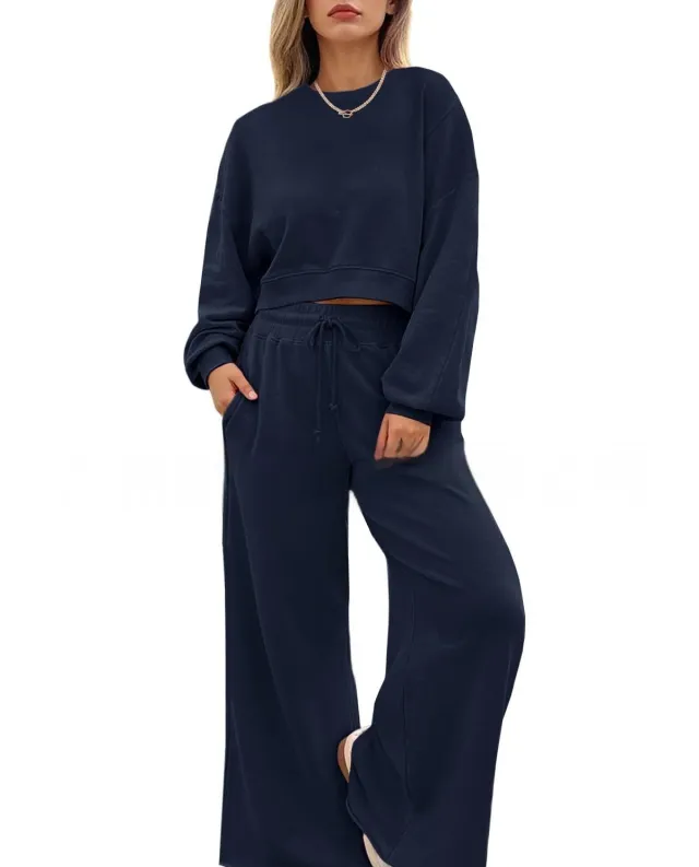 Women's Solid Color Casual Long Sleeves Trousers Two piece Set Navy - Shop at LoveMi