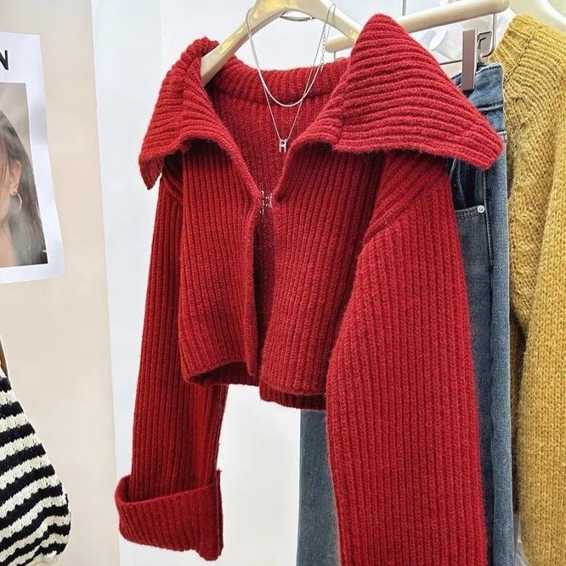 Large Lapel All-matching Cropped Sweater Coat - Red