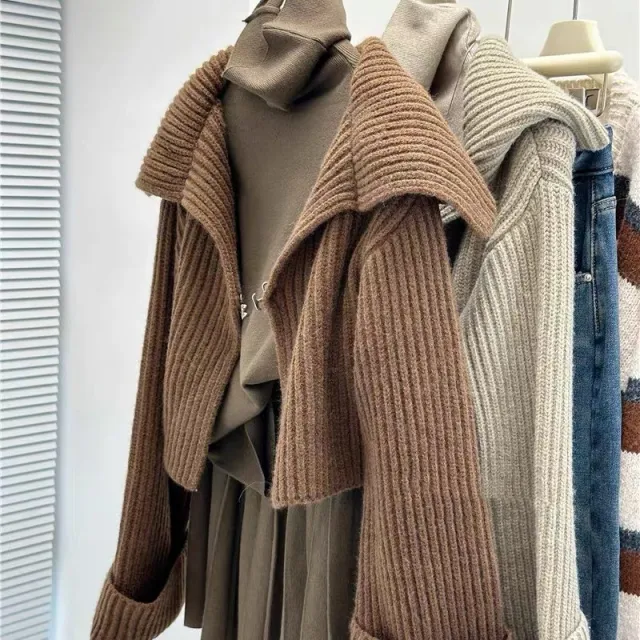 Large Lapel All matching Cropped Sweater Coat Coffee - Shop at LoveMi