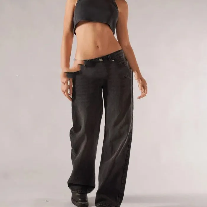 Loose Straight Wide Leg Mop Trousers - Dark Gray