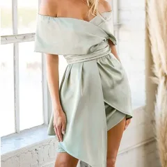 Off-shoulder Short Sleeve Strapless High Waist Slimming Dress - Matcha Green - View 1